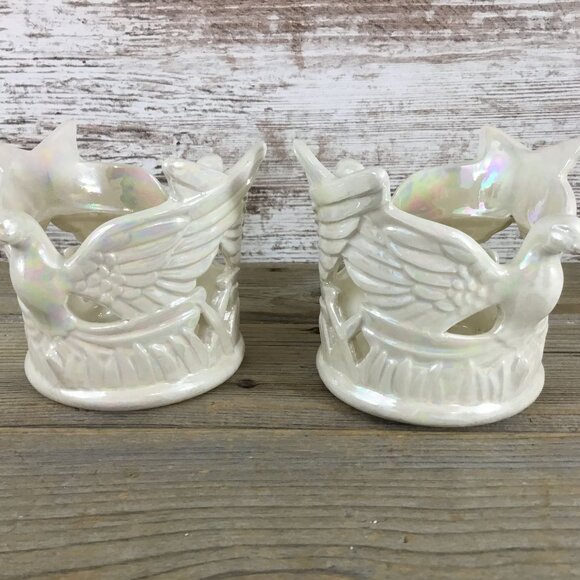 Set of 2 Ceramic Dove Bird & Star Votive Candle Holders Tall Pearl Iridescent - Picture 6 of 13